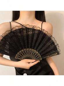 1pc Lace Folding Fan, Vintage And Elegant, Noble Vintage Tassel Lace Fan, Very Suitable For Ladies' Gatherings, Exquisite And Fashionable Photo Props, Party Dress, Party, Holiday Gifts, Halloween, Valentine'S Day. Summer Cooling,Beach,Travel,Spring Summer Picks,Brides Maid Gifts,Room,Bedroom Decor,Beach,Travel,For Men,For Women,Vacationcute Stuff - 1PC - Xem 3