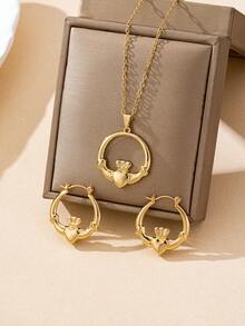 3 pièces Set de bijoux pendentif collier et boucles d'oreilles avec cœur creux et cercle, accessoires en métal minimalistes et polyvalents, convenant pour le port quotidien et les festivals pour femmes - Or jaune - Voir 7