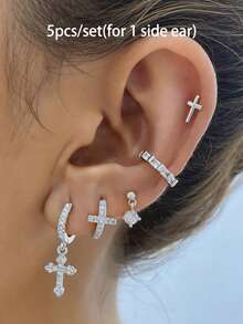 Bộ 5 bông tai hình thánh giá mạ vàng 24K đính đá Cubic Zirconia may mắn dành cho nữ, kiểu dáng khuyên tai tròn đính đá Zirconia, kiểu dáng bông tai đính đá hoặc kiểu xếp lớp. - 5 cái/bộ - Xem 10