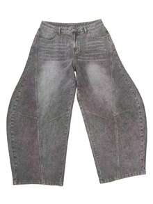 1pc Men's Distressed Vintage Wash Loose Fit Patchwork Design Straight Leg Jeans (Belt And Accessories Not Included) - Grey - View 10