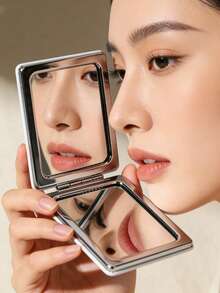 Mini White Leather Makeup Mirror, Double-Sided Foldable Portable Pocket Mirror, Suitable For Carrying Around For Touch-Ups, Essential Travel Accessory For Women And Girls, Round Foldable Leather Mirror - Multicolor - View 3