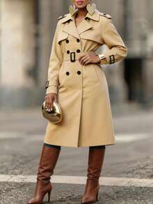 GLOURI  Women's Long Winter Trench Coat - Classic Double-Breasted Long Lapel Design | Timeless Fall Winter Outerwear For Office, Casual & Daily Versatile Style - 卡其色 - 查看 2
