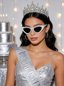 3件套女士生日配饰套装，包括：1条生日腰带、1个生日皇冠、1条女孩生日腰带、1个生日皇冠发箍、1副女孩生日眼镜，闪亮时尚的生日派对礼物 - 皇冠生日套銀 - 查看 4