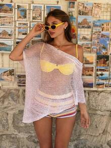 2026春夏新款女士宽松不对称肩披肩领蝙蝠袖针织上衣，不对称下摆设计，轻松营造梦幻浪漫氛围，展现纯粹柔美的女性气质，温柔优雅，慵懒梦幻的露肤魅力，适合浪漫约会、情人节、音乐节、时尚派对、生日派对、海滩度假、海边漫步、泳装罩衫，简约时尚，街头风。白色 - 白色 - 查看 5