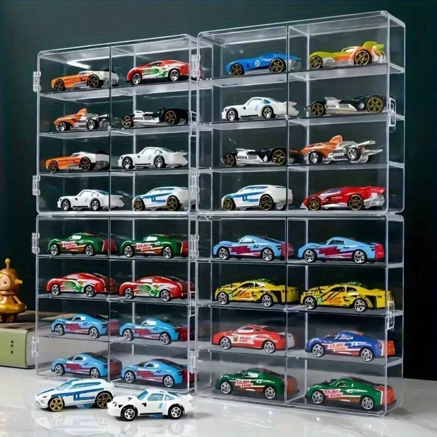 4 piezas de cajas de almacenamiento de plástico transparente multiusos, diseño apilable con tapa abatible de 8 compartimentos, adecuado para exhibir/almacenar autos de juguete, decoraciones, gabinete, mostrador, fácil de limpiar y duradero, puede contener 32 piezas de autos a escala 1/64