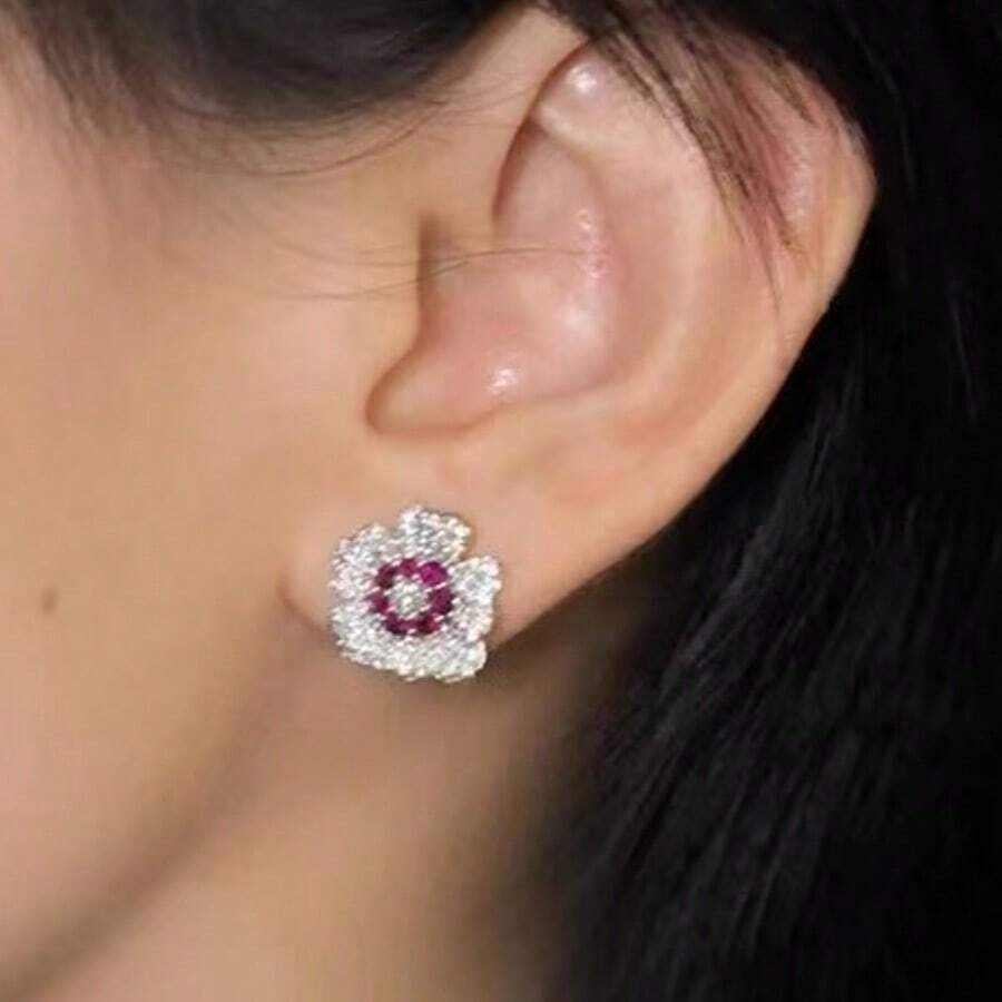 一对奢华铜质锆石耳钉，红宝石耳环，适合日常佩戴，礼品 - 彩色 - 查看 1