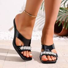 方头水晶高跟凉鞋，细高跟穆勒鞋，适合派对和夏季穿着 - 黑色 - 查看 5