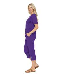 Women Short Sleeves Embroidered Cotton Blend Lounge Wear  Sets - Purple - View 3