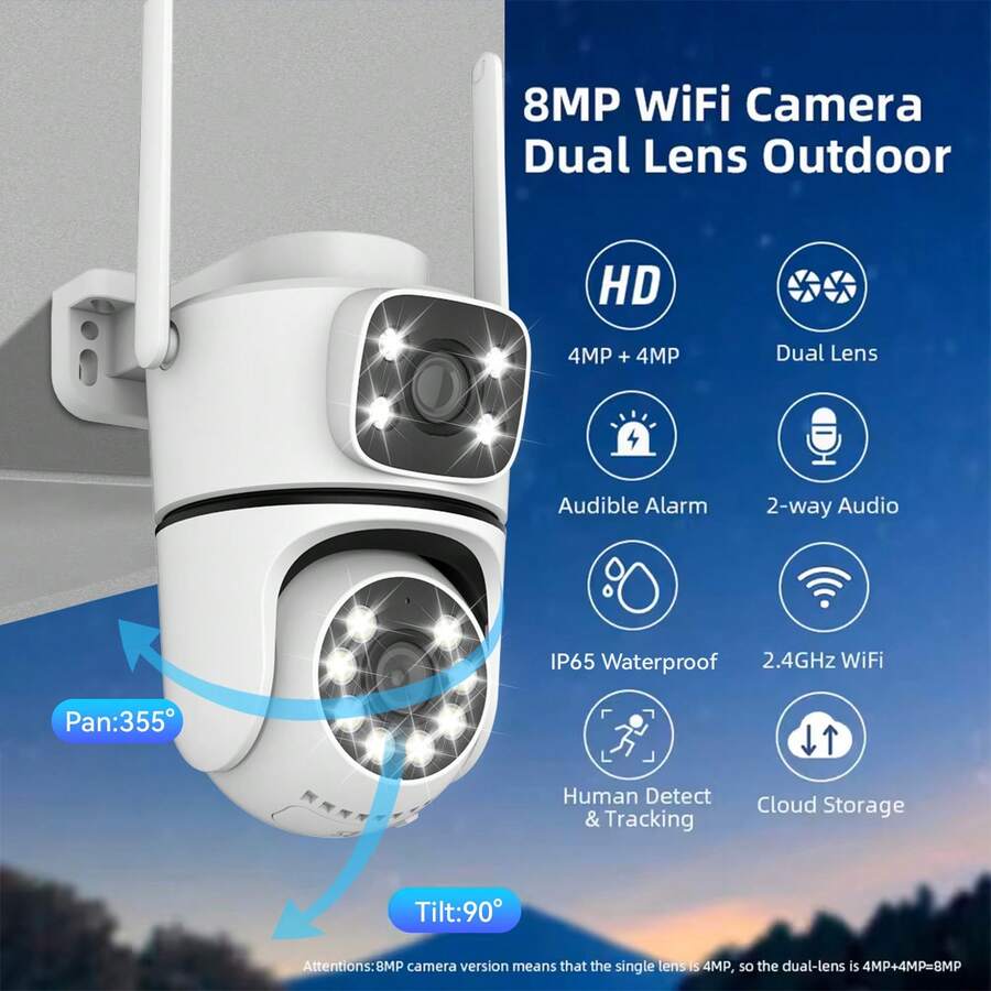 Camera WiFi 8MP, Camera chống nước IP65, Camera dạng trụ/cầu, Camera ngoài trời, Camera PTZ với tầm nhìn ban đêm có màu, Xoay 360°, Zoom kỹ thuật số 5X, Phát hiện người, Camera CCTV thích hợp cho sân vườn, phòng khách, nhà kho, siêu thị và các môi trường khác.