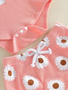 Baby Girls Shorts Set, Short Sleeve Letters Print Romper with Floral Shorts Hairband Summer Outfit - Rosa - Ver 6
