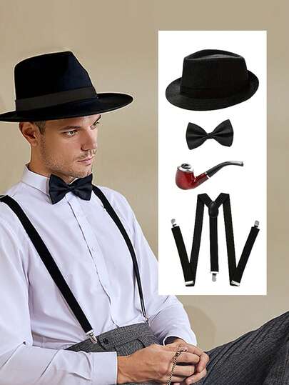 4件套 Forever & Moment 1920年代盖茨比男士服装配饰，包括软呢帽、预系领结、Y型背带，20年代主题道具，适用于1920年代复古派对、音乐节、角色扮演、摄影和日常时尚穿搭。