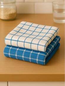 Premium 4-Piece Turkish Cotton Kitchen Linen Set – Ultra Absorbent Dish Towels & Tea Towels – Modern Red & White Checkered Design - Blue - View 4