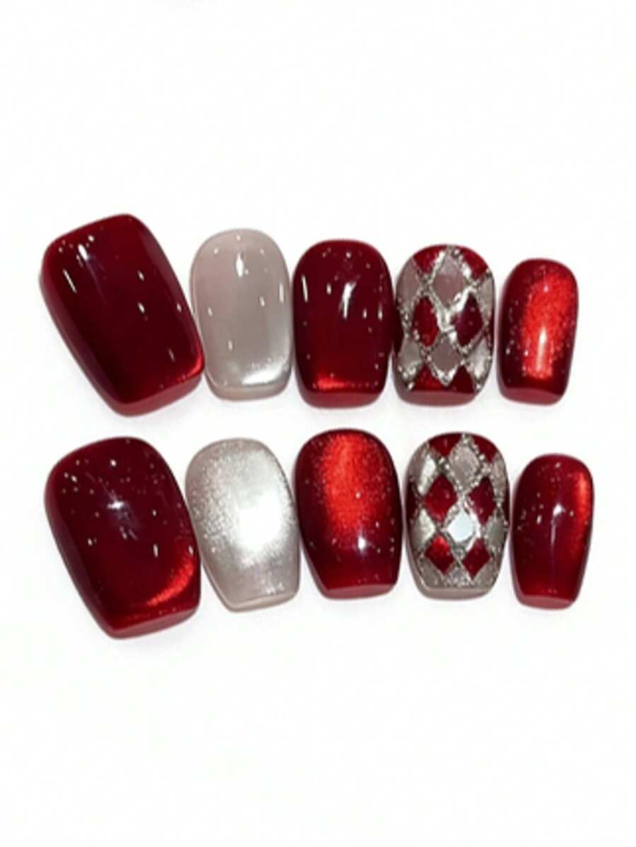 10pcs It's Named Red Rhyme Rhombus Diamonds. This Manicure Features A Dynamic Mix Of Deep Wine Red And Shimmering Silver, Highlighted By Hand-Crafted Diamond-Patterned And Gold Fleck Motifs. The Glossy Finish Amplifies The Rich, Vibrant Sheen, Making It A Perfect Choice For Those Who Love Luxurious Yet Understated Nail Art - Burgundy - View 1