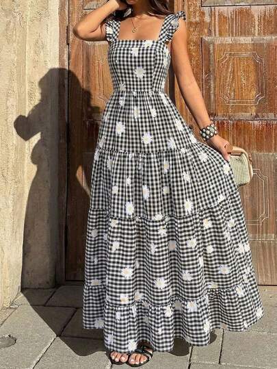 Vestido maxi de mujer ALA de verano con estampado de cuadros negros y blancos y margaritas, con volantes en los tirantes, adecuado para fiestas de Pascua, vacaciones de verano, resort de playa, invitado de boda elegante