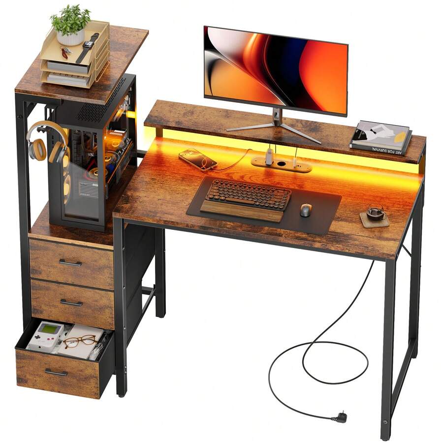 Escritorio para videojuegos con soporte para monitor y cajonera, iluminación LED, tomas de corriente integradas y puerto de carga USB, escritorio para ordenador de 120 cm (47 pulgadas) de ancho para oficina en casa con cajones, soporte para torre de PC y gancho para auriculares, espacio de trabajo moderno para dormitorio y sala de estar. - Marrón retro - Ver 1