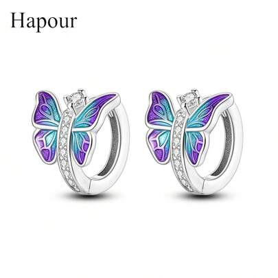 925 Sterling Silver Butterfly Hoop Earrings, Minimalist Round Earrings, Shiny Elegant Luxury Earrings, Gift For Women & Girls