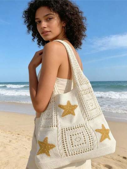 Large Capacity One Shoulder Beach Bag, Starfish Hollow Woven Pattern, Casual Tote Bag For Beach Holiday