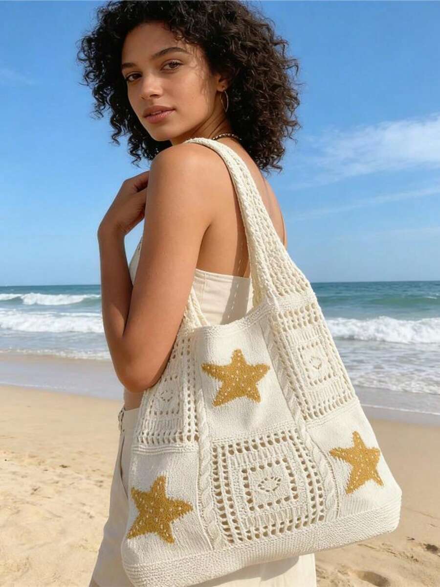 Large Capacity One Shoulder Beach Bag, Starfish Hollow Woven Pattern, Casual Tote Bag For Beach Holiday - A - View 1