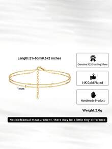 ORSA JEWELS 1pc S925 Sterling Silver 14K Gold Double Layer Chain Anklet, Minimalist Jewelry, Suitable For Women And Men For Summer Beach Vacation, Party And Daily Wear - Cable Chain - View 8
