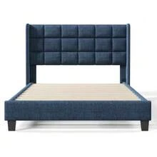 Upholstered Double Bed With Padded Headboard, 140x200cm, In Blue Linen, Medium Firmness (Mattress Not Included) - Navy Blue - View 5