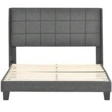 Upholstered Double Bed With Padded Headboard, 140x200cm, In Grey Linen, Medium Firmness (With Spring Mattress) - Grey - View 3