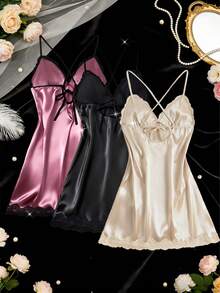 3pcs/Set Lace Trim Satin Sexy Lingerie Set, V-Neck Criss-Cross Tank Top, Bodycon Dress, Comfortable And Charming Nightgown For Women - Multicolor - View 2