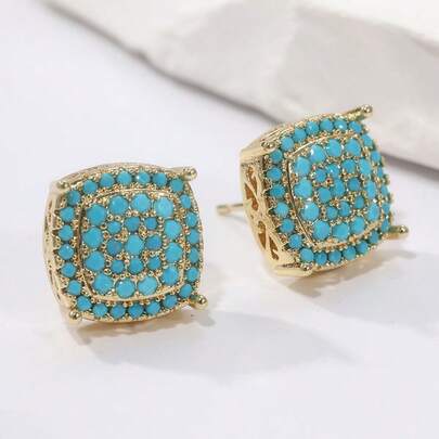 Luxury Minimalist Square Copper Inlaid Synthetic Turquoise Earrings, Luxurious Geometric Earrings, Hip Hop Style Earrings