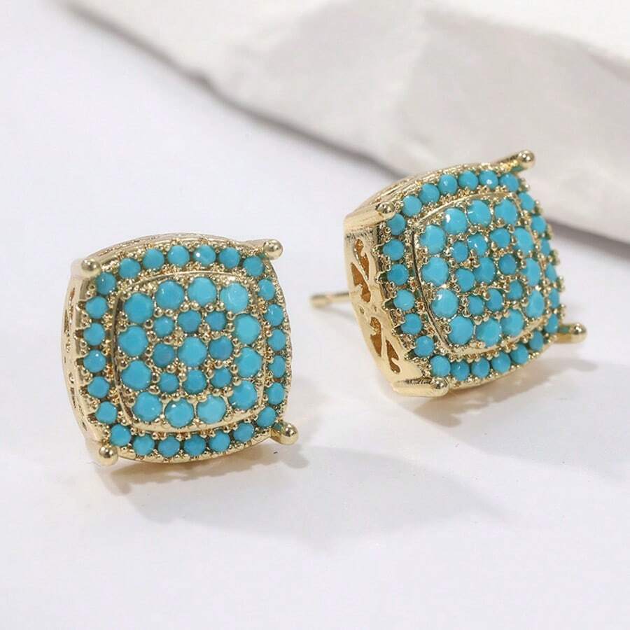 Luxury Minimalist Square Copper Inlaid Synthetic Turquoise Earrings, Luxurious Geometric Earrings, Hip Hop Style Earrings - Gold - View 1
