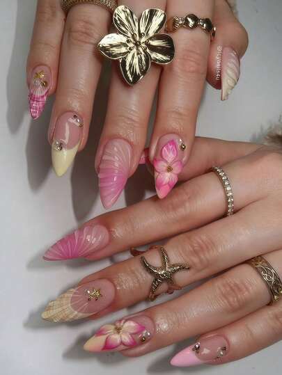 24 piezas Uñas postizas de estilo de isla de verano con diseño 3D tallado, degradado de rosa y blanco con conchas y estrellas de mar, uñas postizas largas removibles para un aspecto brillante