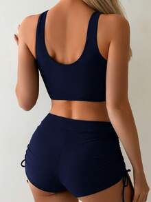 New Fashionable Separate Swimsuit, Sexy Criss-Cross Ruched Bikini For Women Vacation - Navy Blue - View 2