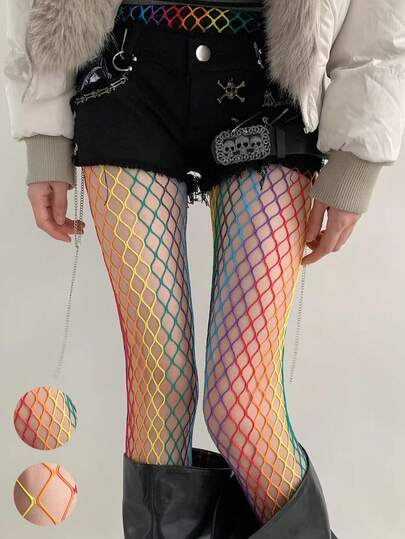 1 Pair Rainbow Fishnet Stockings, Sexy Hollow Out Pantyhose, Fashionable Women's Tights For Dates, Performances, Singles Parties, All Seasons