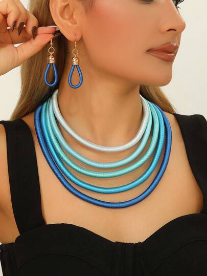 Bộ 1 dây chuyền nhiều lớp thủ công, kiểu dáng phóng khoáng, phong cách Bohemian, thích hợp cho tiệc tùng ở bãi biển, khu nghỉ dưỡng, tiệc tối, trang sức thanh lịch cổ điển Nam Á, gồm dây chuyền và bông tai dành cho nữ.