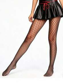1双女士基础款纯黑色渔网袜，高弹力 - 黑色 - 查看 3