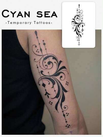 One Valentine's Day Temporary Tattoo Sticker, Featuring A Baroque Ink Painting Style With Geometric Scroll Patterns, Waterproof, Sweatproof, Washable, And Non-Reflective. Suitable For Arm And Shoulder Tattoos, This Realistic Tattoo Lasts 3-5 Days And Is Perfect For Individuals.