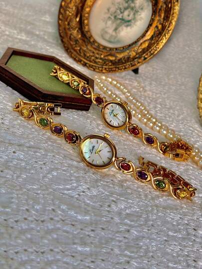 GUANQIN 1pc New Luxury Colorful Beryl Gemstone & Crystal Embellished Vintage Elegant Fashion Women's Watch, Oval Pearl Dial, 30M Water Resistant, Suitable For Daily Wear, Parties, Vacations And Outings,Halloween,Christmas,Mother's Day,Birthday,Back-To-School,Students,Festivals,Valentine's Day,Dating,Business,Daily,Gifts,Music Festival,Wedding Season
