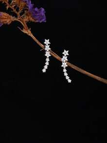 1 par de pendientes de flor de 5 pétalos estilo coreano, pendientes de botón con brillantes en forma de estrella, joyas de moda minimalistas con estética forestal - Plateado - Ver 6