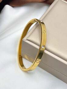 3/1pc Stainless Steel Gear & Clover Bracelet Jewelry Set, Stackable Or Standalone, Suitable For All Occasions - Gold - View 6