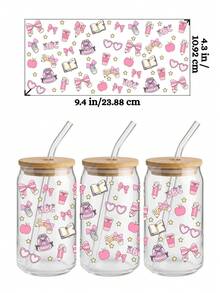 Bộ 4 miếng dán chuyển nhiệt UV DTF cho cốc thủy tinh 16oz (9.4x4.3 inch), không cần nhiệt, họa tiết nơ hồng dễ thương, trái tim anh đào, phong cách tươi mới, chống thấm nước, tự dính, thích hợp cho cốc Libbey, quà tặng DIY cho bé gái. - Coquette 01 - Xem 4