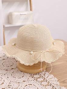 女童夏季荷叶边珍珠草帽，带蝴蝶结，沙滩遮阳帽 - 珍珠 - 查看 8