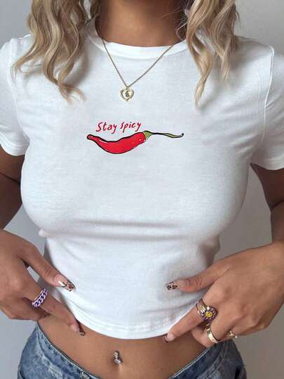 Y2K Style Cropped Top Summer Set, "Stay Spicy" Graphic T-Shirt, Women Summer Holiday Beach Outfit Casual White