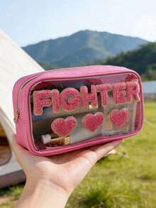 1pc Minimalist Mother's Day Embroidered Letter PVC Semi-Transparent Cosmetic Bag, Toiletry Pouch, Suitable For Travel, Holiday, Gift - Hot Pink - View 2