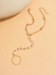 1pc Bohemian Style Faux Pearl Toe Ring & Anklet, Minimalist Gold Chain Beach Holiday Foot Jewelry - Gold - View 5