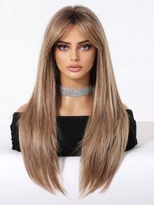 Tóc giả dài 24 inch, thẳng, có mái xéo, chân tóc tối màu, màu vàng nâu highlight, dành cho nữ, tóc ombre nâu, tóc giả tổng hợp chịu nhiệt, thích hợp cho sử dụng hàng ngày, dự tiệc, cosplay. - Tóc vàng ombre - Xem 3
