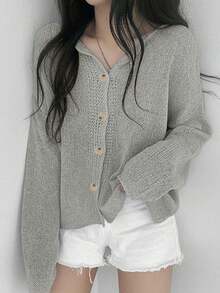 Women's Loose Knit Cardigan, Korean Soft And Relaxed Style, Lightweight Breathable Sun Protection, Single-Breasted Design, Casual Commute Wear (Semi-Transparent), Spring/Summer - Grey - View 2