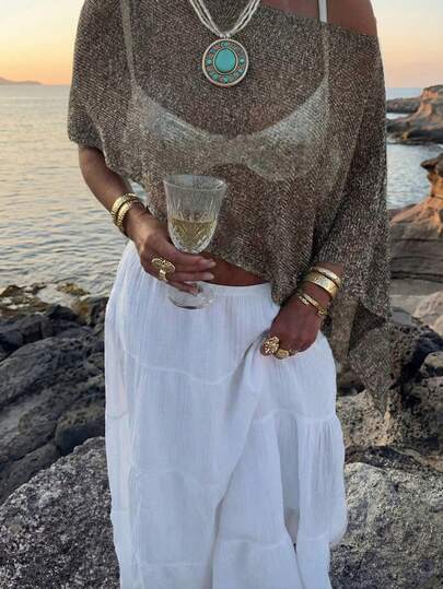 FOR BEAUTY Summer New Women's Solid Color Ribbed Brown Knit Cardigan, Asymmetric Hem Design, Fine Shiny Texture Knit, Lightweight & Breathable, Slightly Loose Fit Suitable For Various Body Types, Vacation Beach Casual Style Top, Vacation, Bohemian, Sexy, Women Summer Clothing