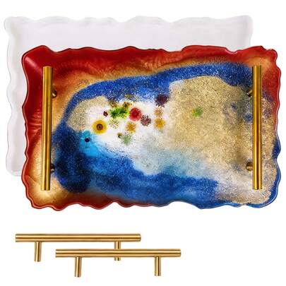 Large Deep Tray Silicone Epoxy Resin Mold With 2 Golden Handles, Suitable For DIY Agate Tray, Serving Board, Crafts, Home Decor