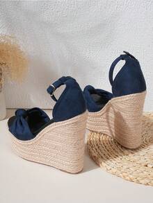 新款时尚舒适优雅女士麻绳坡跟凉鞋，百搭度假风 - 寶藍色 - 查看 5
