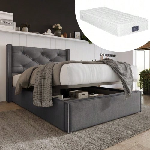 Upholstered Hydraulic Single Bed 90x200cm, Slatted Bed With Metal Frame, Modern Bed Frame With Storage Space, Cotton, Grey (With Mattress) - Dark Grey - View 1