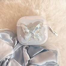 GUCADI 1个半透明星形蓝色3D花卉蝴蝶+白色挂环 冰透明蓝色蝴蝶 苹果第四代蓝牙耳机保护套，Pro 2 精致清新 第三代 1个挂环 温柔 - 藍白色 - 查看 4