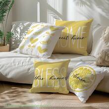 4入黃色背景蝴蝶結愛心檸檬 HOME Sweet Home & BLESS This Home 溫馨標語印花枕套 [不含枕芯]，40*40cm/45*45cm/50*50cm，[單面印刷] 聚酯纖維材質黃白對比靠墊套，客廳、臥室、沙發、床、汽車、辦公室、飯店室內裝飾，四季適用，送給家人朋友的完美禮物 - 彩色 - 查看 12